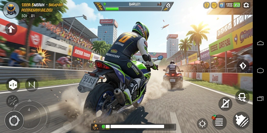 Tampilan balapan motor yang mendebarkan dan menantang.