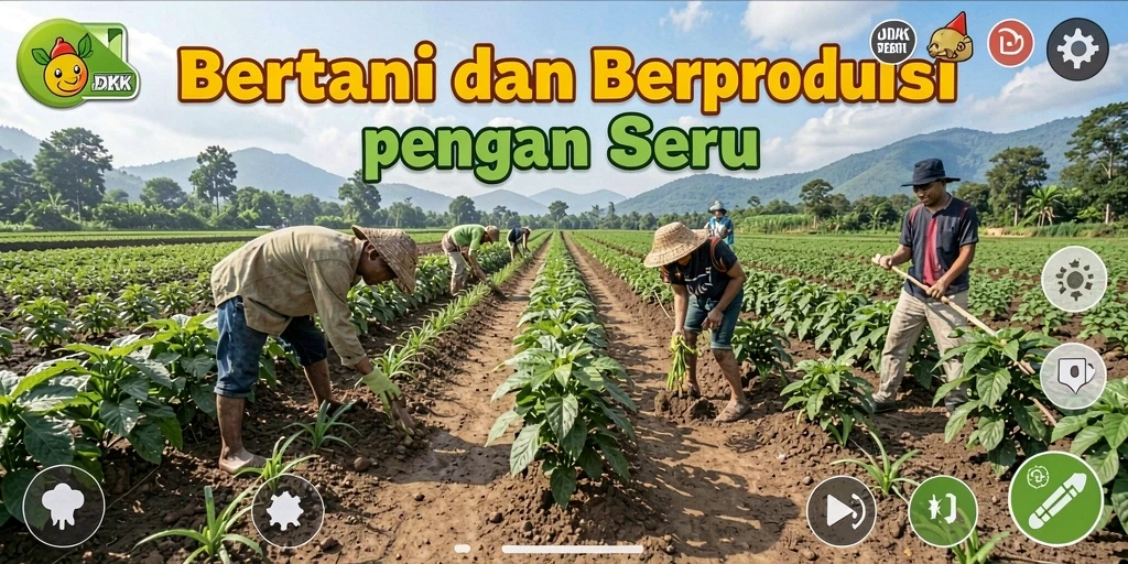 Tangkapan layar DKK menampilkan ladang hijau subur dan aktivitas bertani.