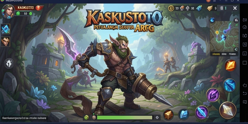 Screenshot gameplay KASKUSTOTO menampilkan aksi pertarungan yang intens dan lingkungan yang menawan.