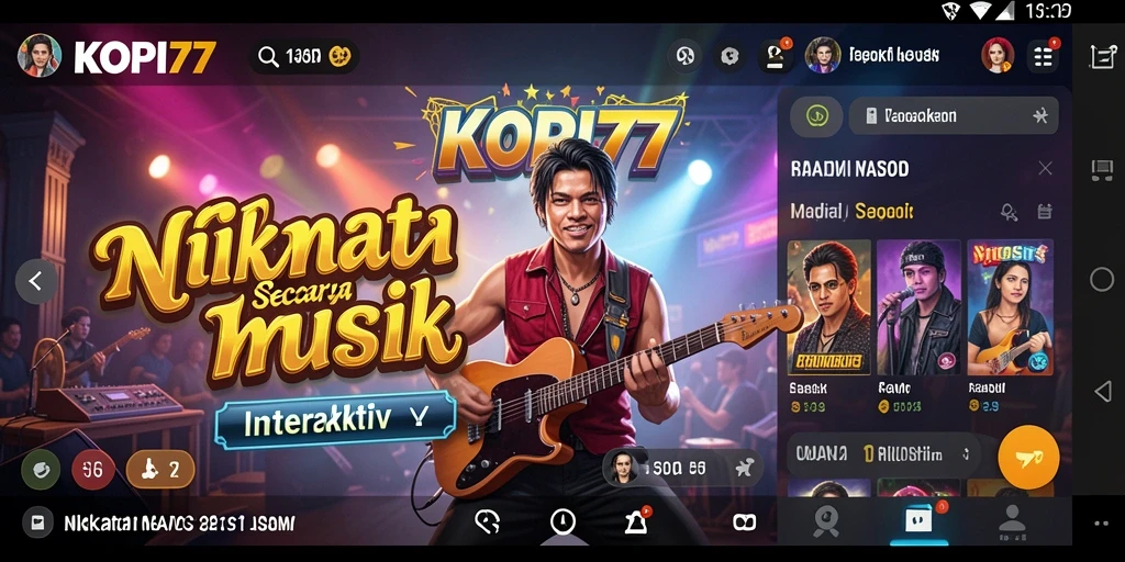 Screenshot utama KOPI77 menampilkan gameplay interaktif dengan musik.